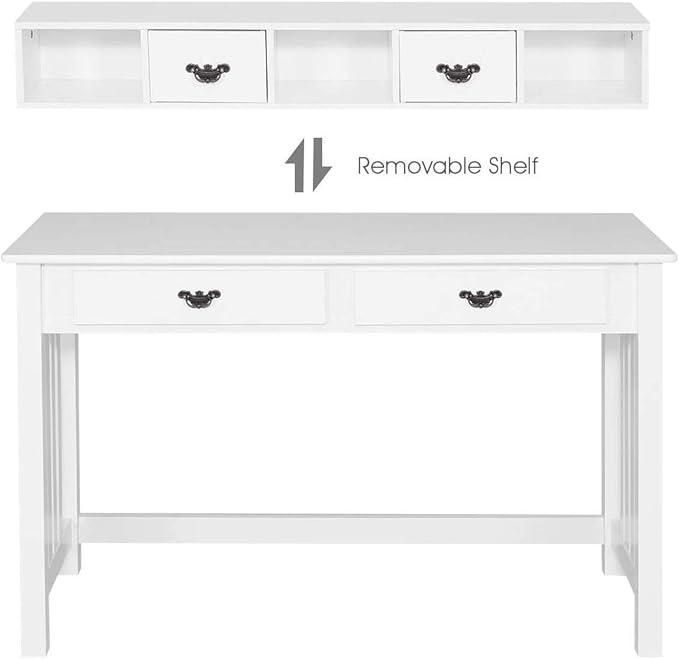 LDAILY Moccha Writing Desk with 4 Drawers Solid Pine Wood Legs Makeup Vanity Dressing 2-Tier Hutch Removable Floating Organizer Console Table Home Office Computer Spacious Work Station White