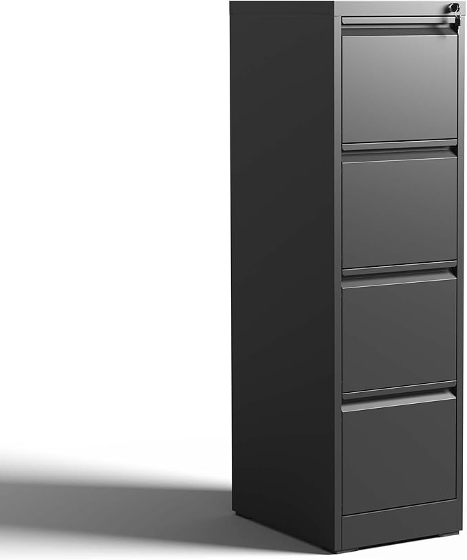 4 Drawer Small File Cabinet with Lock Under Desk Locking Drawers Storage Cabinet Organizer for Home Office Metal Vertical Filing Cabinets for A4 Legal/Letter SizeBlack
