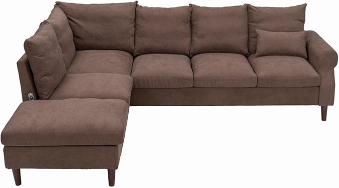 Panana Upholstered Sofa Couch Linen Fabric/Artificial Leather L Shaped Corner Sectional Modern Living Room Sofa (Brown Linen 6 seat Left Corner with Built-in USB Port)