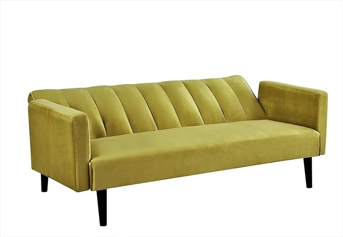 72 Velvet Convertible Futon Sofa Bed - Full Out Twin Sleeper Couch w/Channel Stitch Wood Frame &amp High-Density Foam - Space-Saving for Apartments/Dorms Golden Yellow