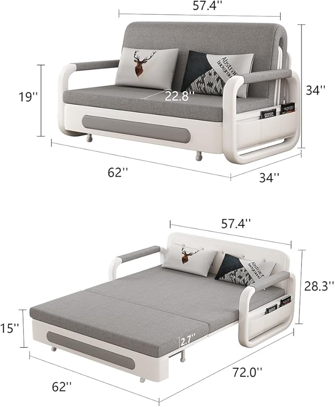 62 Versatile Pull-Out Sofa Bed – Modern Versatile Futon Sleeper Couch Daybed with Trundle Perfect for Living Room &amp RV Gray/White