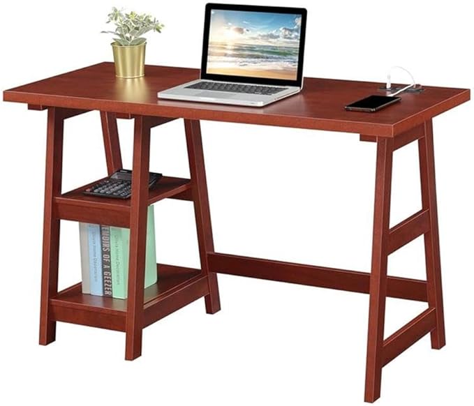 Pemberly Row Trestle Desk with Charging Station 47 in x 20 in x 29.25 in MDF and Particle Board Cherry Wood Finish 2 Shelves USB Ports and Outlets Modern Home Office Desk for Work or Study