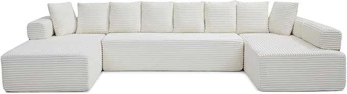 145 Oversized Cloud Boneless Sectional Sofa with Chaise Corduroy U Shaped Modular Couch with Deep Seat Fixed Frame Comfy Corner Sofa No Assembly Required (Beige)