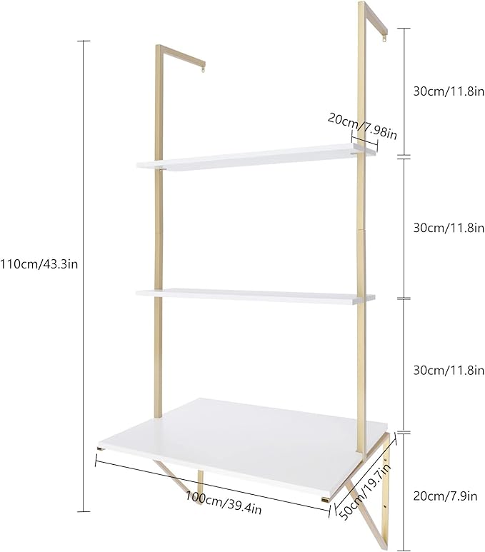 Wall Mounted Desk Gold Ladder Desk Wall Mounted Shelf 3 Tier Standing Desks for Small Space Mounted Desk Home Office Table Bedroom Writing Study Work Modern