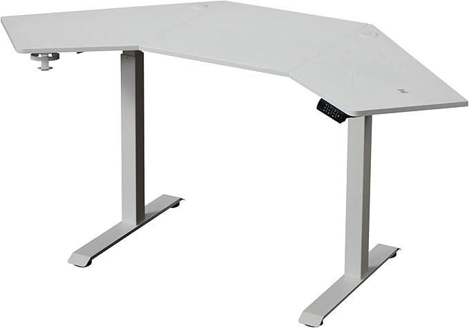 Pemberly Row Corner Electric Height Adjustable L-Shaped Standing Desk Wood and Metal Construction White Finish 47 x 67 in Large Workspace Cable Management Home Office Desk for Sitting or