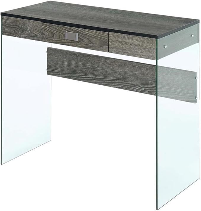 Pemberly Row Contemporary Glass Desk 36 x 15.75 x 30 in Gray Wood Finish Modern Style with Tempered Glass Panels Particle Board and Melamine Construction Compact Home Office or Study Writing Desk