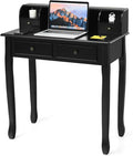 Byroce Small Writing Desk with Removable Hutch 2-Tier Vanity Table with 4 Drawers 3 Cubbies &amp Pine Wood Legs Study Computer Desk for Bedroom Home Office (Black)