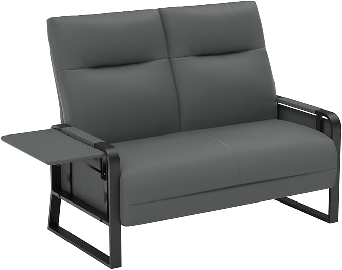 Faux Leather Loveseat Couch for Living Room Bedroom Office Small Sofa 2 Seater Couch with Flip Up Tray Table Side Pockets Leather Loveseats Gray