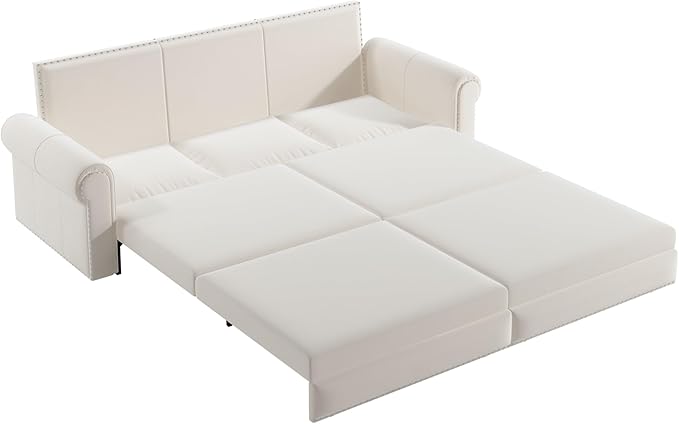 93.7 King Pull Out Sofa Bed Velvet Sleeper Sofa Couch 3 in 1 Convertible Futon Couches for Living Room Small Space Apartment Office Bedroom Modern Rivet Armrest Beige