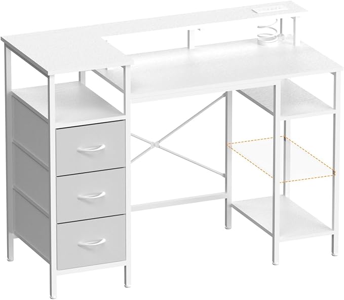 VINGLI 47 Inch L-Shaped Computer Desk Small Computer Gaming Desk with Fabric Drawers &amp Storage Shelves Charging Station Monitor Stand for Home Office White