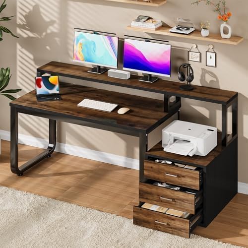 67'' Computer Desk with Drawers Black Desk with Storage and Monitor Stand Home Office Desk with LED Lights Black and Walnut
