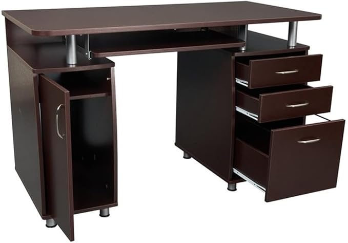 Pemberly Row 48 Wide Home Office Computer Desk in Gray with CPU Storage Cabinet and Hanging File Cabinet Brown