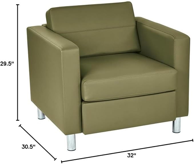 Pemberly Row Modern Armchair Green Vinyl Fabric 32 W x 30.5 D x 29.5 H Cushioned Box Spring Seat Silver Metal Legs Faux Leather Upholstery Contemporary Style Guest Chair for Living Room or