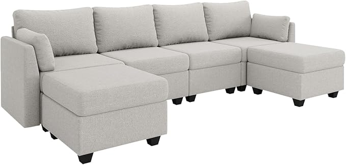 114.17 Modular Sectional Sofa 6 Seat Sectional Couches with Storage Memory Foam Convertible Modular Couch for Living Room U Shaped Comfy Modular Sofa with Chaise Light Grey