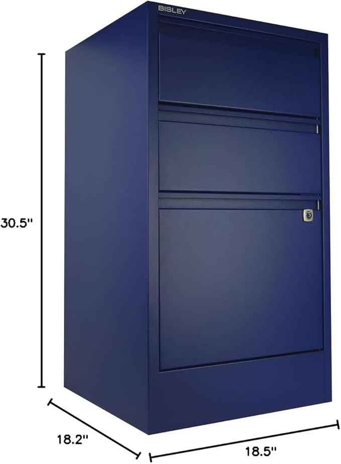 Bisley 3-Drawer Flush Front Vertical File Cabinet - Oxford Blue 2 Utility Drawers + 1 Hanging File Drawer Powder-Coated Steel Locking Bottom Drawer