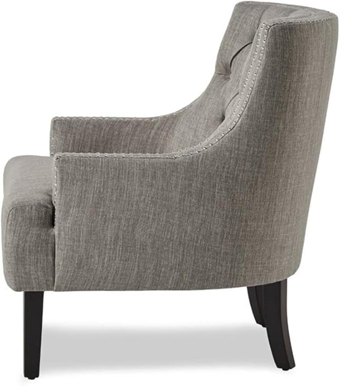 Pemberly Row Upholstered Accent Chair Taupe Fabric Solid Wood Frame High-Density Foam Cushions Button-Tufted Back Nailhead Trim Espresso Finish Legs 34.75 H x 28 W x 30.25 D for Living Room