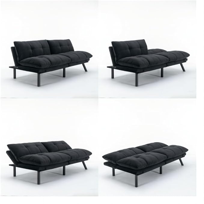 LLS 70.87 Velvet Futon Sofa Bed Modern Convertible Sleeper Sofa Couch with Adjustable Backrest and Armrests Tufted Loveseat Sofa with Metal Legs for Living Room Bedroom Apartment Black