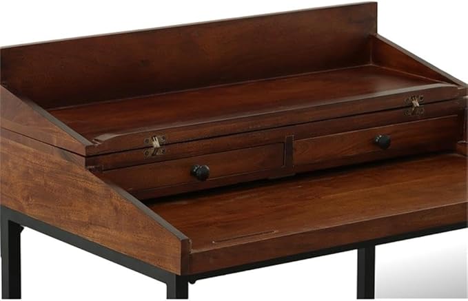 Pemberly Row Hidden Storage Writing Desk Rustic Mango Wood Chestnut Stain Black Metal Frame 31 in x 22 in Foldable Top Industrial Style for Home Office Dorm or Den Use