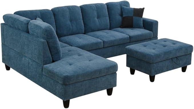 L-Shaped 3-Piece Flannel Sofa with Storage Ottoman Set Sectional Couch Sofa Set for Living Room Office Small Space Blue