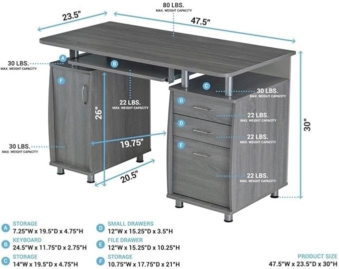 Pemberly Row 48 Wide Home Office Computer Desk in Gray with CPU Storage Cabinet and Hanging File Cabinet Grey