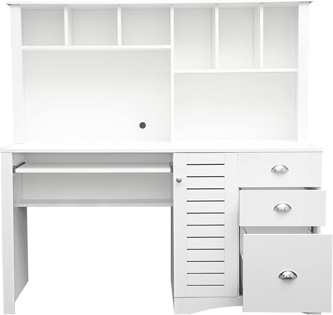 Computer Desk with Drawers &amp Bookshelf for Small SpaceWood Executive Desk Teens Student Desk Writing Laptop Home Office Desk with Keyboard TrayComputer Desk with Hutch Antiqued (White)