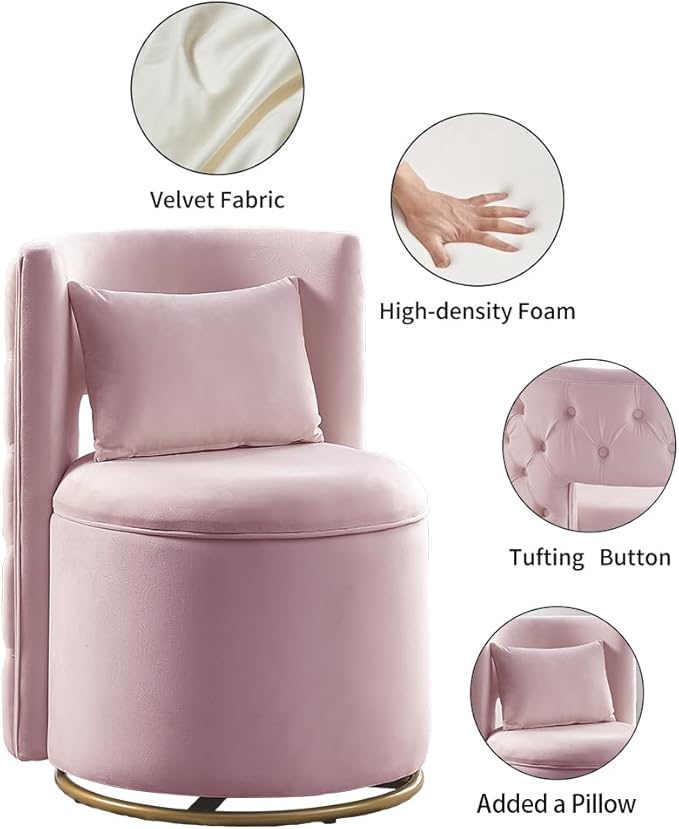 360 Degree Swivel Accent Chair Velvet Round Storage Sofa Club Upholstered Barrel Modern Arm Chair for Nursery Living Room Hotel Bedroom Office Lounge Hotel Office (Pink)