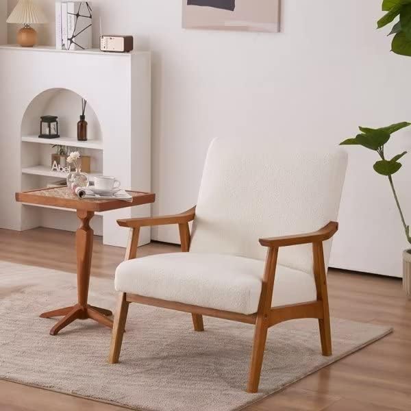 JINS&ampVICO Modern Accent Chair Teddy Velvet Armchair Upholstered Mid Century Lounge Chair with Removable Padded Cushion and Wood Frame Comfy Reading Chair for Living Room/Bedroom Creamy-White