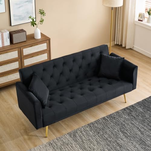 71 Convertible Folding Sleeper Sofa CouchModern Velvet Loveseat Sleeper with 2 Pillows Futon Sofa Bed with Mattress and Frame for Living RoomBedroomSmall Space (Black)