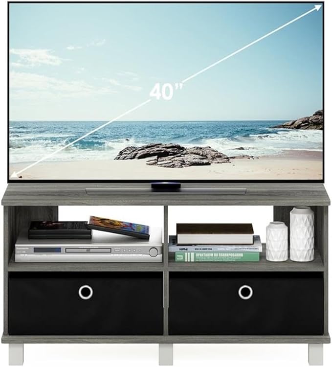 Furinno Andrey Entertainment Center with Bin Drawers French Oak Grey/Black