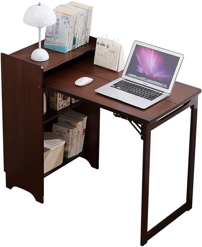 Folding Computer Desk with Storage Cabinet Brown Space-Saving Design for Home Office