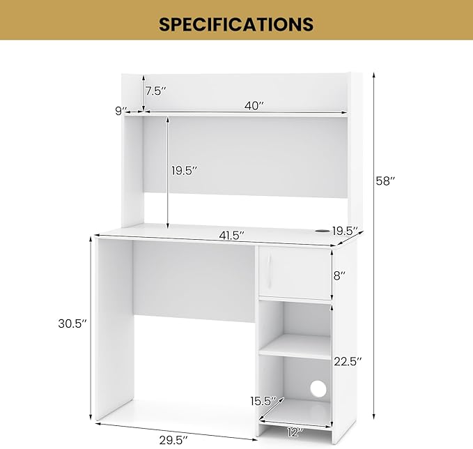 Giantex White Desk with Hutch Small Computer Desk with Bookshelf &amp Adjustable Shelf 2 Cable Holes Modern Laptop PC Computer Workstation Study Writing Desk for Small Spaces Bedroom Home Offic
