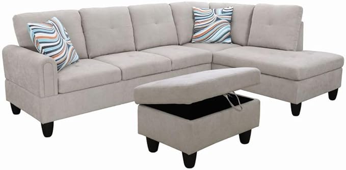 Grey White L-Shaped 3-Piece Flannel Sofa with Storage Ottoman Set Sectional Couch Sofa Set for Living Room Office Small Space