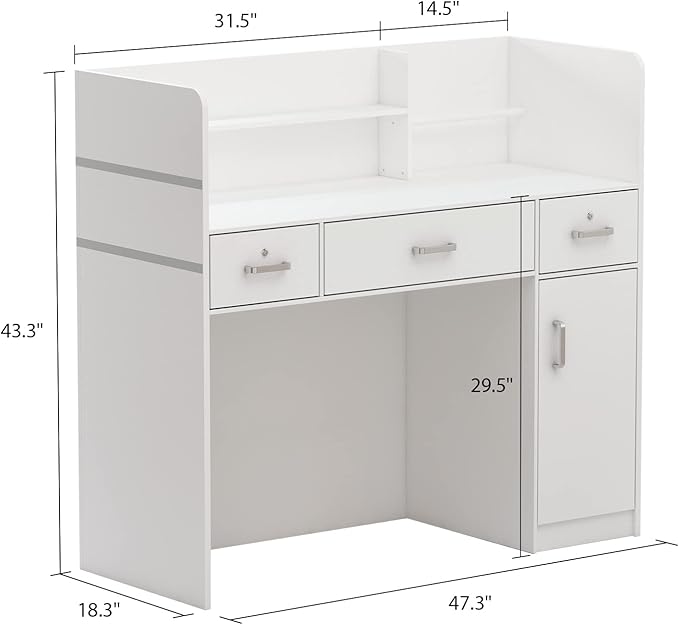 Homsee Modern Reception Desk with 3 Drawers 1 Door Storage Cabinet &amp Hutch Shelf Office Wooden Computer Desk Writing Study Table PC Laptop Desk White (47.3 L x 18.3 W x 43.3 H)