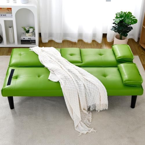 Futon Sofa Bed Modern Folding Couch for Small Space Faux Leather Convertible Loveseat Sleeper Bed Daybed Recliner Lounge Sofas for Living Room2 Cup HoldersMetal LegsRemovable Armrests (Green)