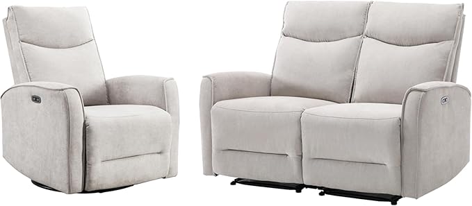 ANJ 2 Pieces Recliner Sofa Furniture SetInclude Power Swivel Recliner Chair with USB Port and 2-Seater Loveseat Reclining Couch for Living RoomLight Grey
