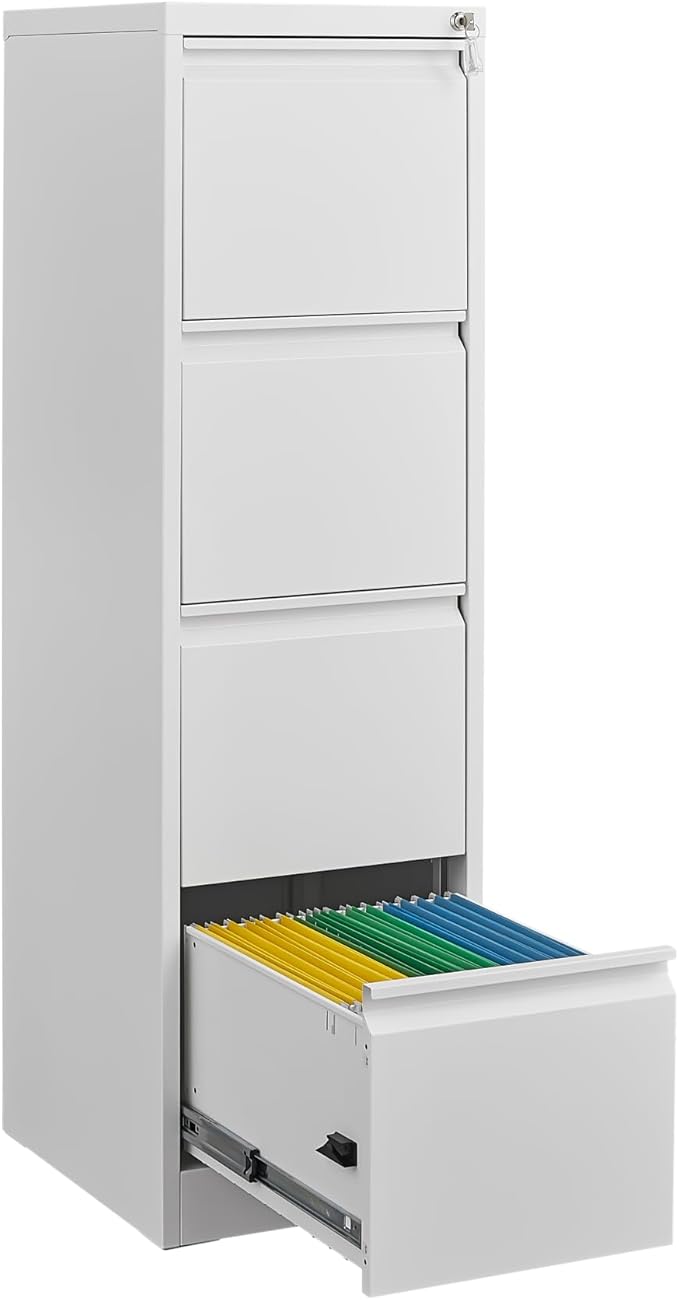 4 Drawer File Cabinet with LockMetal Vertical Filing Storage Cabinet Organizer for Home Office Under Desk Small Locking DrawersAssembly RequiredWhite