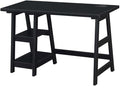 Pemberly Row Trestle Desk with Charging Station Black Wood Finish 47 in x 20 in x 29.25 in 2 Fixed Shelves USB Ports Power Outlets Modern Home Office Desk for Workspace or Study