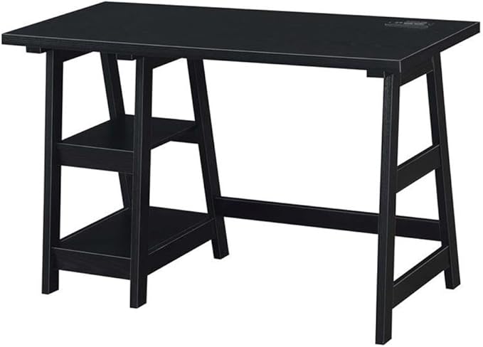 Pemberly Row Trestle Desk with Charging Station Black Wood Finish 47 in x 20 in x 29.25 in 2 Fixed Shelves USB Ports Power Outlets Modern Home Office Desk for Workspace or Study