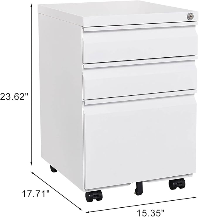 3-Drawer Mobile Filing Cabinet with Lock Office Storage Locking File Cabinets of Legal/Letter Size Metal Filing Cabinets to Be Installation RequiredWhite
