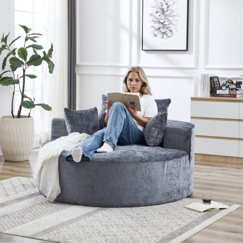 Oversized Round Chaise Lounge Chair Indoor 55'' Chenille Deep Seat Circle Single Floor Sofa Chairs Modern Upholstered Sponge Armchair Cloud Sleeper Chair for Living Room Bedroom Apartment Gray