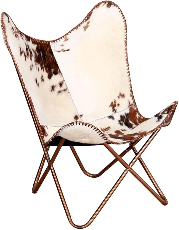 YAFF Brown &amp White Cowhide Leather Butterfly Chair – Ergonomic Comfort Iconic Style Lightweight &amp Durable Powder-Coated Iron Frame Perfect for Living Room Relaxation