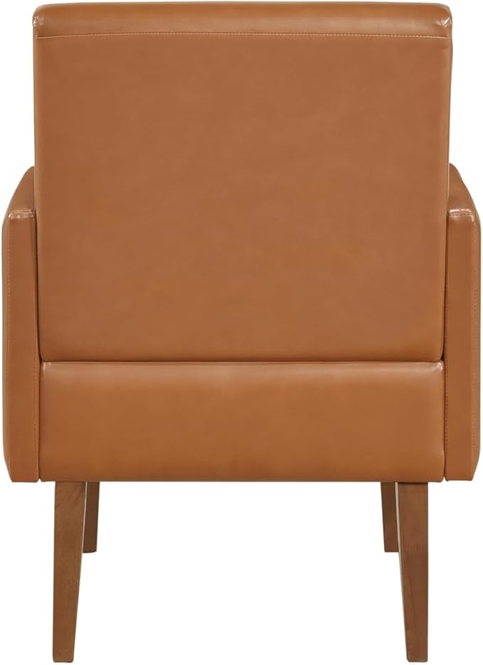 Mid-Century Modern Accent Chair Brown Faux Leather Walnut Finish Living Room Seating