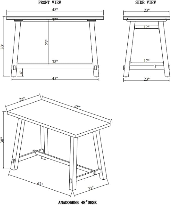 Alaterre Furniture Adam 48 in. Solid Pine Wood Desk Rustic Industrial Style with Distressed Black Sawhorse Legs Natural Wood Finish Home Office Workstation 48 in. W x 23 in. D x 30 in. H