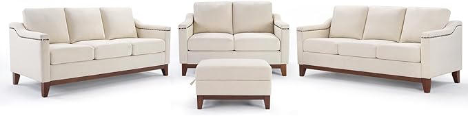 Modern 4 Piece Sofa Set with Rivets Included Upholstered Loveseat 2-Seater CouchesChenille 3 Seater Couch with Solid Wood Legs Storage Ottoma Living Room Furniture SetBeige