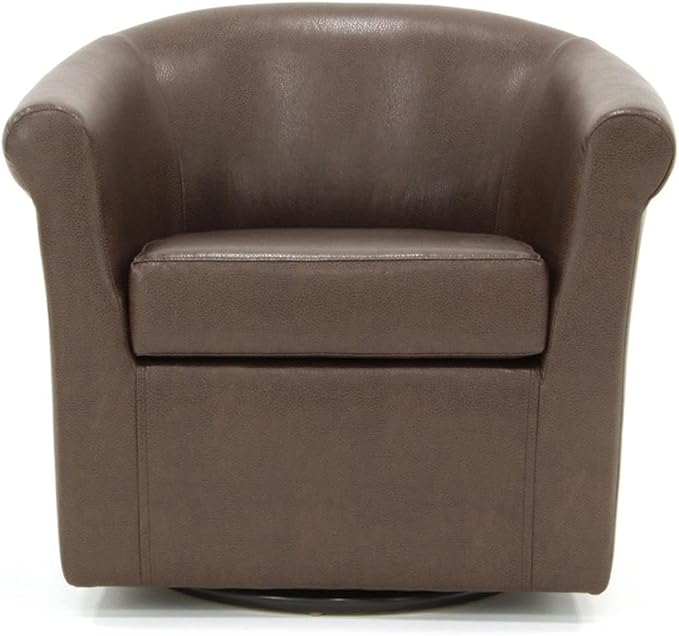 Pemberly Row Traditional Faux Leather Swivel Club Chair 30.5 in Wide Brown Finish Padded Removable Seat Rounded Arms 360 Degree Swivel Base Comfortable Accent Chair for Living Room or Reading