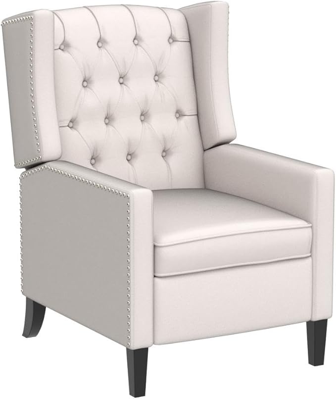 Pushback Recliner ChairComfy Wingback Recliner Sofa Chair with Adjustable BackrestTufted Fabric Accent Armchair with Vintage Rivets Trim for Living Room Office Home Theater (Beige-New)