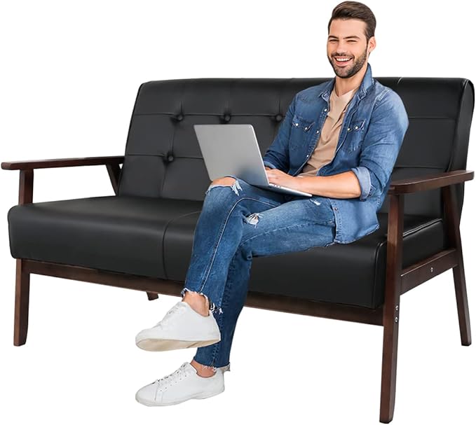 AODAILIHB Leather Sofa Couch Set 2 Accent Chairs &amp 1Loveseat Black Faux Leather Loveseats Mid Century Modern Office Couch for Small Space Waiting Room Living Room Furniture (3 Black)