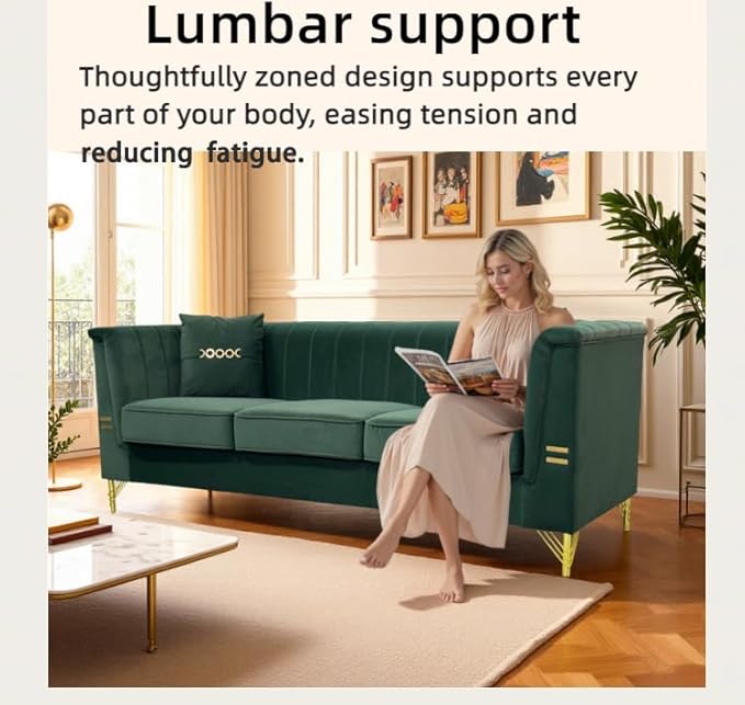 83.46 Upholstered Chesterfield Couch Modern 3 Seater Sofa with Tufted Back and Square Arms Wood Leg Nailhead Sofa for Living Room/Office/Apartment/Small Space Green Velvet