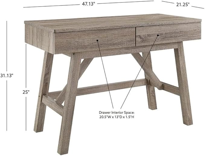 Allora Transitional Wood Home Office Desk Gray Wash Finish 47.13 W x 21.25 D x 31.13 H 2 Drawer Design Compact Modern Rustic Style for Small Spaces Sturdy MDF and Particle Board Construction