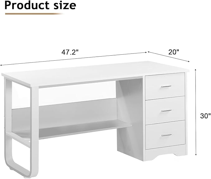 White Desk with Drawers 47 Inch Computer Desk with 3 Drawers for Bedroom Study Desk with Drawers for Small Spaces Bottom Shelves
